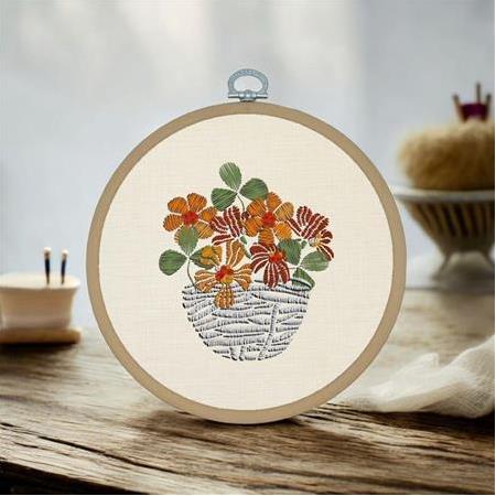 Saksı Çiçekler Nakış - Yuvarlak Pano Kasnak Çap:17cm