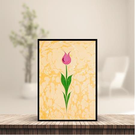 Lale - Sarı Ebru Zemin - Masaüstü, Duvar Çerçevesi, 14cmx19,50cm, A5 Boyut