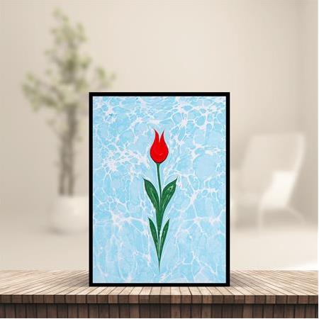 Lale - Mavi Ebru Zemin - Masaüstü, Duvar Çerçevesi, 14cmx19,50cm, A5 Boyut