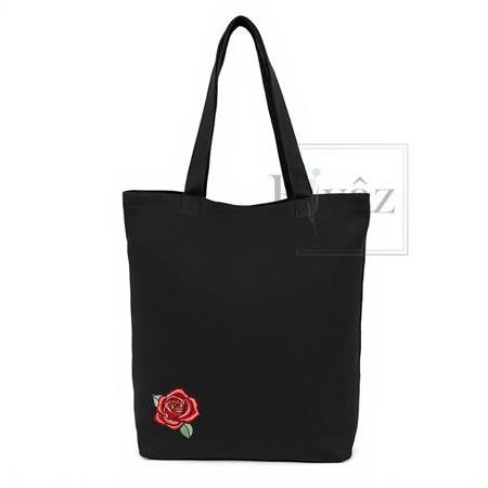Gül - DTF Baskılı Yıkanabilir Siyah Gabardin Bez Omuz Çantası (35x40 cm)