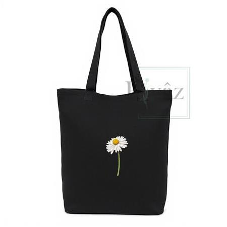 Papatya - DTF Baskılı Yıkanabilir Siyah Gabardin Bez Omuz Çantası (35x40 cm)