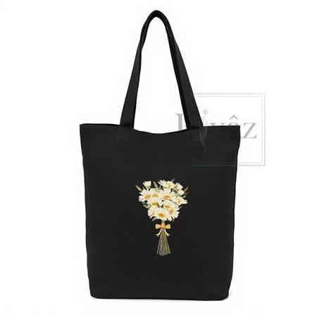 Papatya Buket - DTF Baskılı Yıkanabilir Siyah Gabardin Bez Omuz Çantası (35x40 cm)
