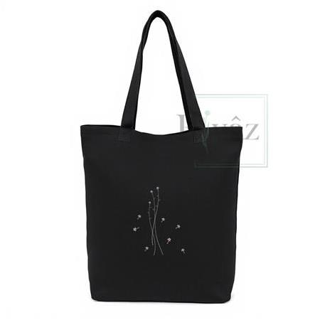 Kır Çiçeği - DTF Baskılı Yıkanabilir Siyah Gabardin Bez Omuz Çantası (35x40 cm)