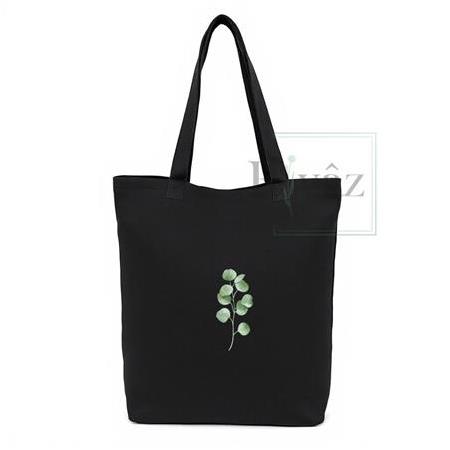 Okaliptus - DTF Baskılı Yıkanabilir Siyah Gabardin Bez Omuz Çantası (35x40 cm)