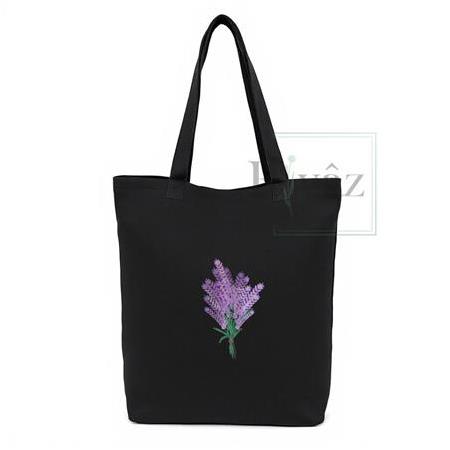 Lavanta 2 - DTF Baskılı Yıkanabilir Siyah Gabardin Bez Omuz Çantası (35x40 cm)