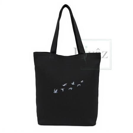 Göç - DTF Baskılı Yıkanabilir Siyah Gabardin Bez Omuz Çantası (35x40 cm)