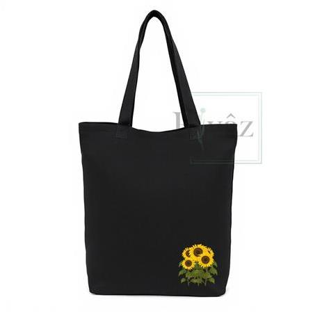 Ayçiçeği - DTF Baskılı Yıkanabilir Siyah Gabardin Bez Omuz Çantası (35x40 cm)