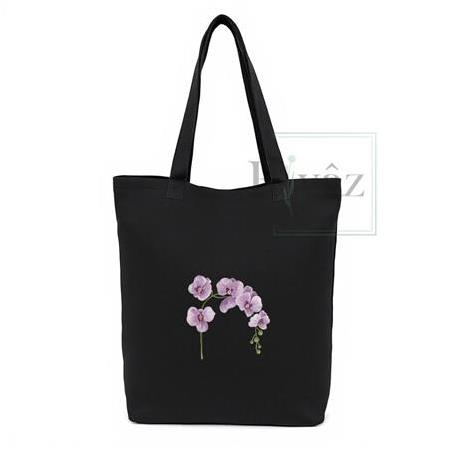 Orkide - DTF Baskılı Yıkanabilir Siyah Gabardin Bez Omuz Çantası (35x40 cm)